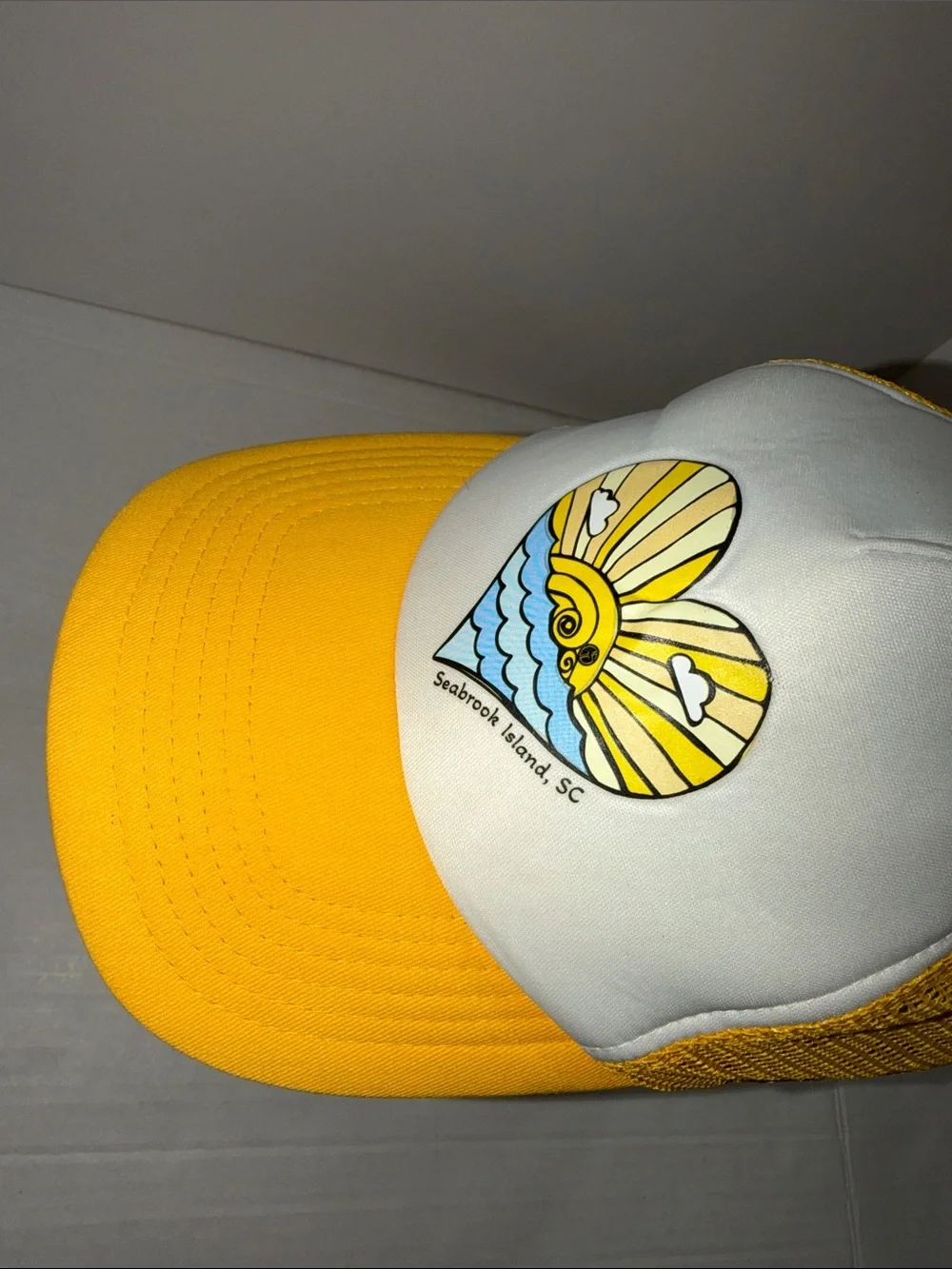 Kids Yellow & White Trucker Hat Seabrook Island, SC Sunrise Graphic